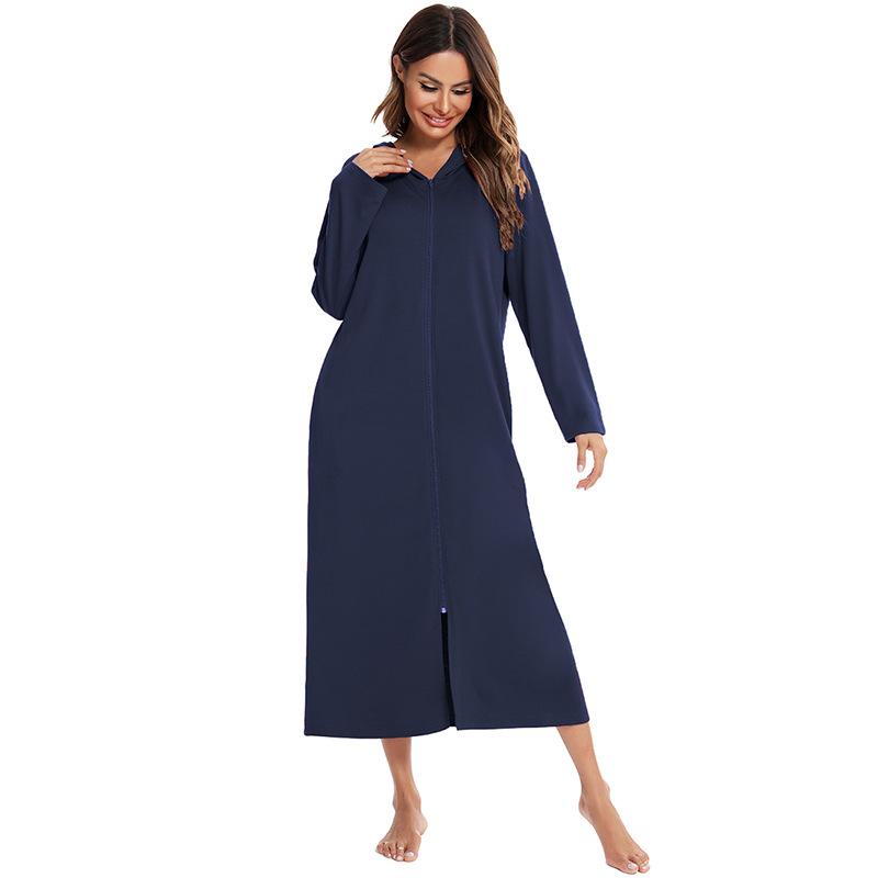 Langer Bademantel für Damen, mit Kapuze, langärmelig, Frühlings-Damen-Morgenmantel, Reißverschluss, Übergröße, Herbst-Robe, einfarbig, Nachtwäsche für Damen 2XL