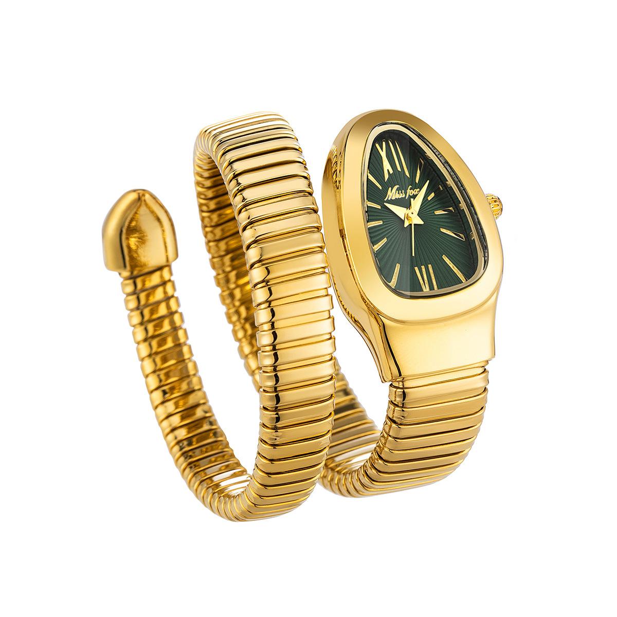 MISSFOX Klassische Schlangenform-Uhr für Damen, Gold/Silber, skalierbares Armband, Damenuhren, Quarz-Damenarmbanduhr grün/gold