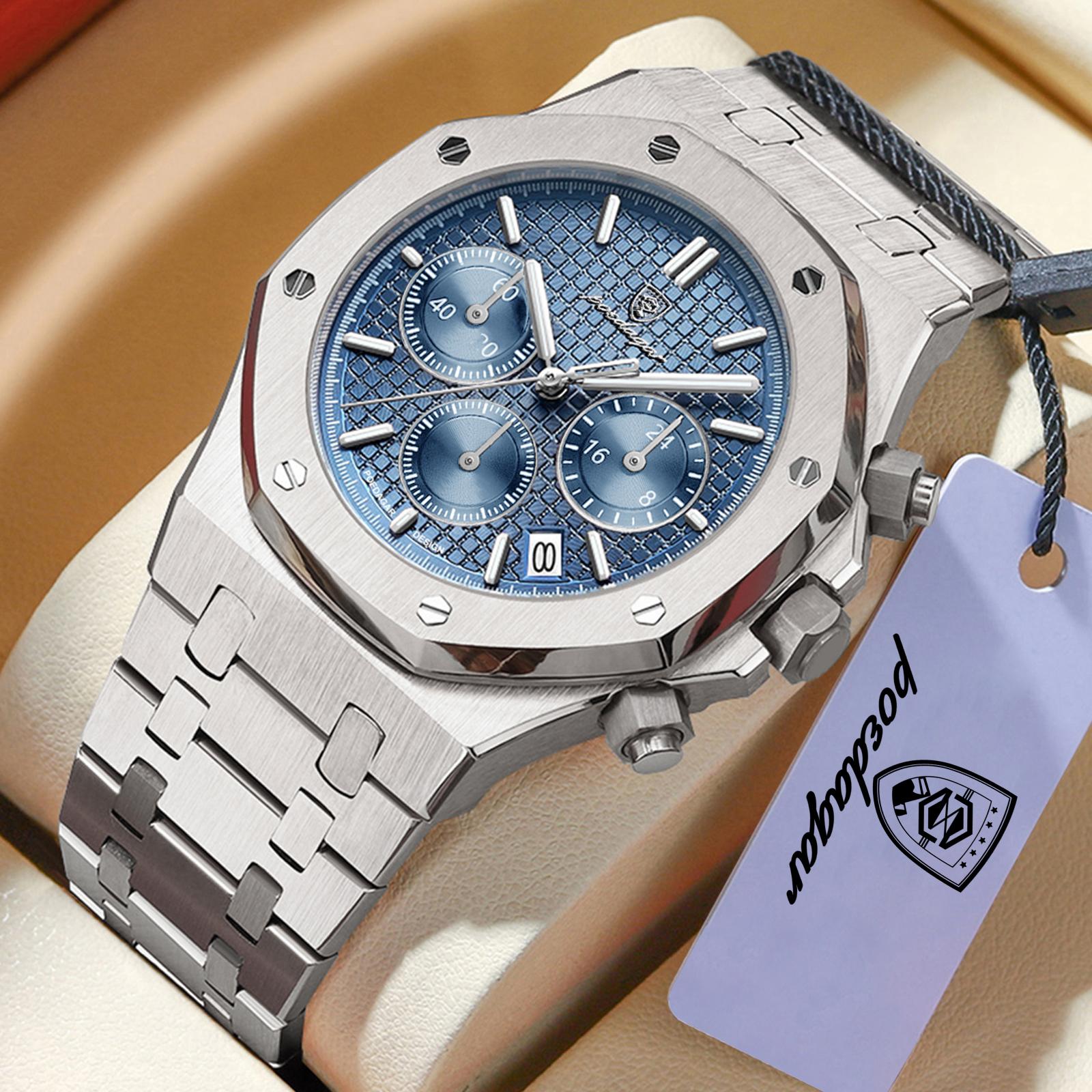POEDAGAR Luxus Herrenuhren Edelstahl Datum Chronograph Herrenuhr Wasserdicht Leuchtend Militär Quarz Armbanduhr silber/blau