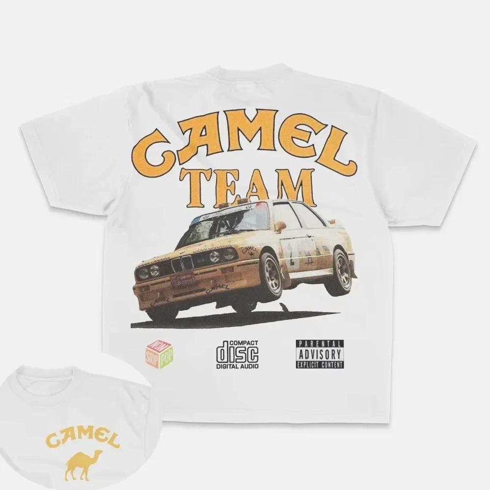 Retro Auto Camel Zigaretten T-Shirt Vintage Baumwolle Oberteile T-Shirt Kurzarm Lässig Streetwear Übergroß Damen Herren Kleidung Motorsport M