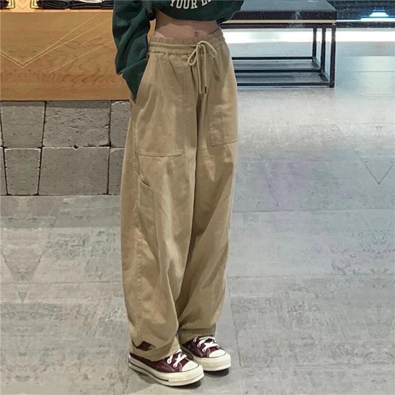 Vintage Cargo Hosen Frauen Khaki Breite Bein Hosen Unisex Harajuku Baggy Jogginghose Hip Hop Hosen Kordelzug Streetwear Pantalon S khaki