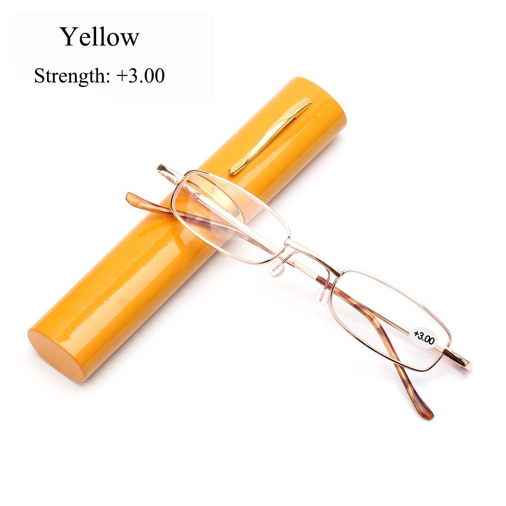 Brillenetui, klein, kompakt, Metall, tragbar, mit Stift, Tube-Etui, Lesebrille, Presbyopie-Brille Strength 3.00 gelb