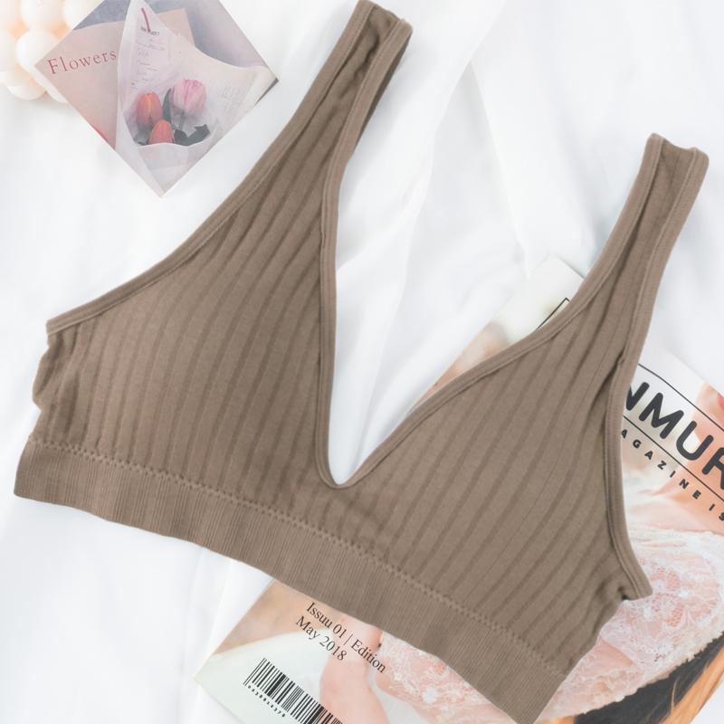Damenmode ärmelloser, tiefer V-Ausschnitt, gestreifter BH, weich gepolsterte Tanktops, Bralette, bauchfreies Top, BHs, Büstenhalter L kaffeebraun
