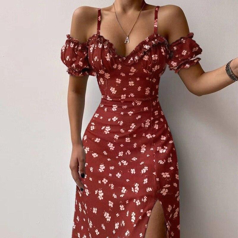 Sommer Elegante Off Schulter Blumen Druck Dünnes Kleid Sexy Sling Rüschen Liebsten Schlitz Party Kleid Frauen V-ausschnitt Langes Kleid 21764 S bordeaux