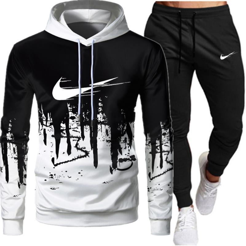 Weiße Mode Herren Damen Sets Trainingsanzug Herbst Winter Neu Herren Kapuzenpullover + Sweatpants Zweiteiler Kapuzen-Freizeitsets Herrenbekleidung L