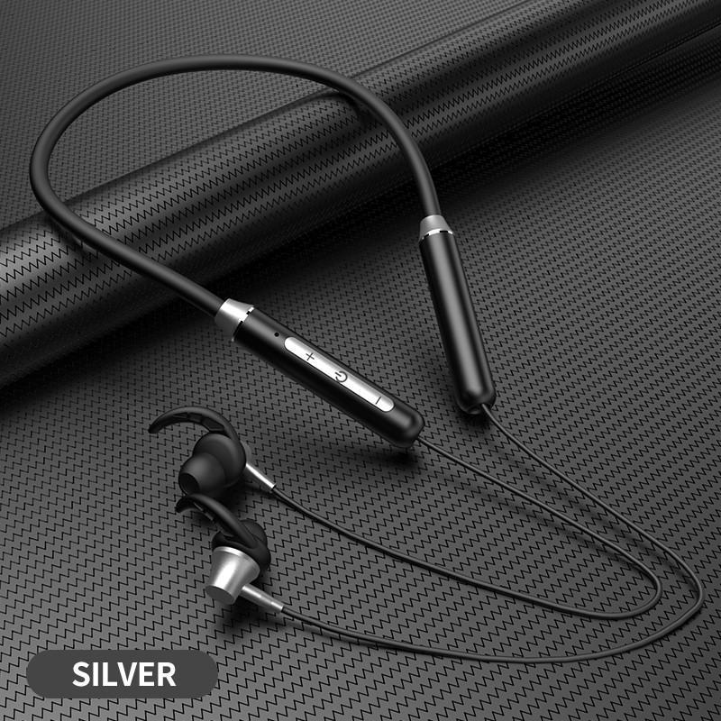 Drahtlose Bluetooth-Kopfhörer mit Nackenbügel, magnetisches Sport-Lauf-Headset mit Mikrofon, IPX5-wasserdichte Sport-Ohrhörer, Rauschunterdrückungs-Kopfhörer silber