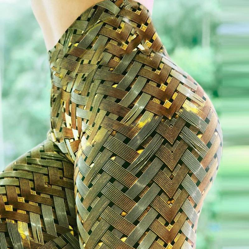 Sexy Hohe Taille Fitness Eisen Weben Leggings Weben Gedruckt Krawatte Frauen Fitness Workout Scrunch Booty Hosen Schlanke Laufhose M gold
