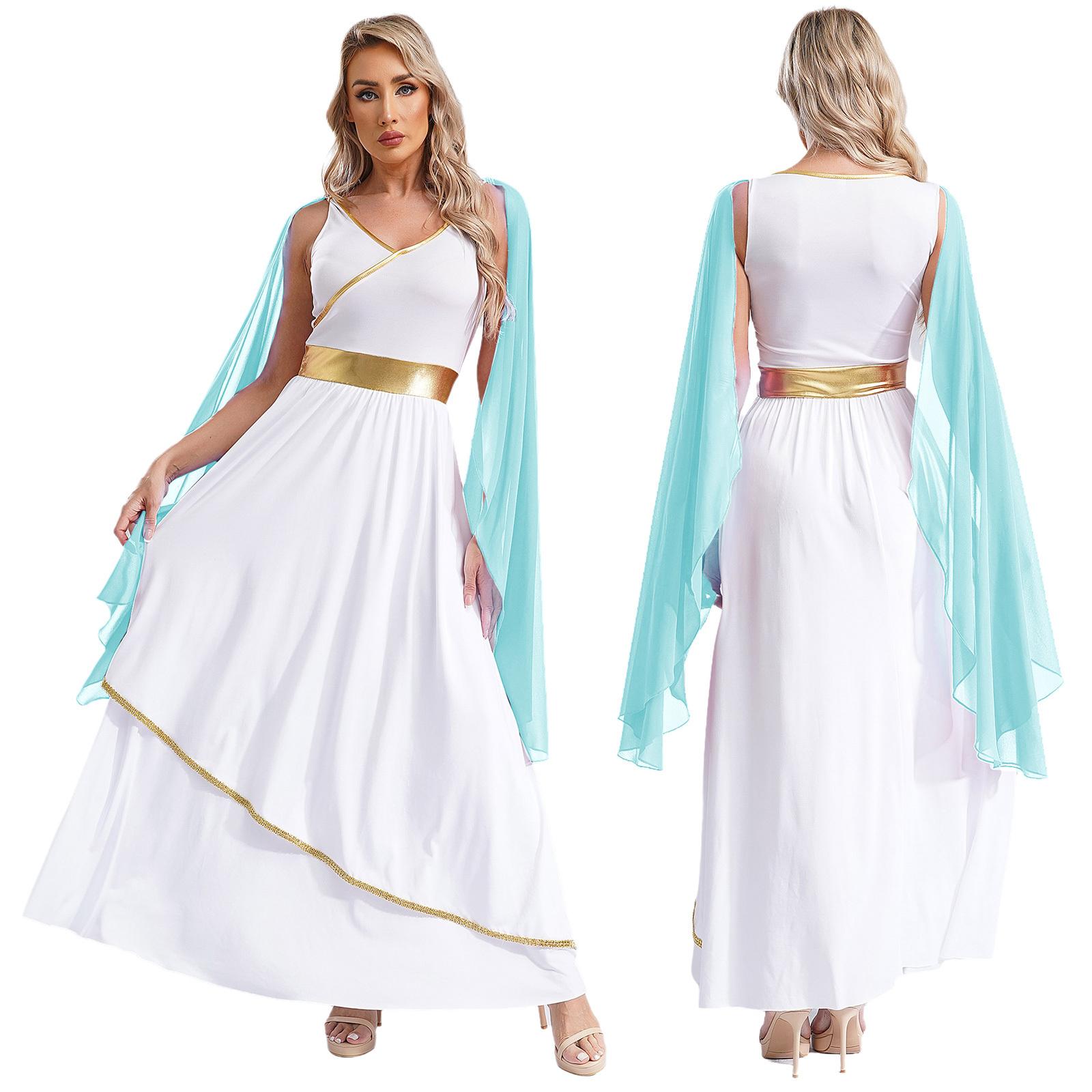 Damen Antikes Griechisches Schönheitskleid Halloween Kostüme V-Ausschnitt Ärmellos Goldbesatz Toga Griechenland Römische Königin Cosplay Kleid S hellblaue