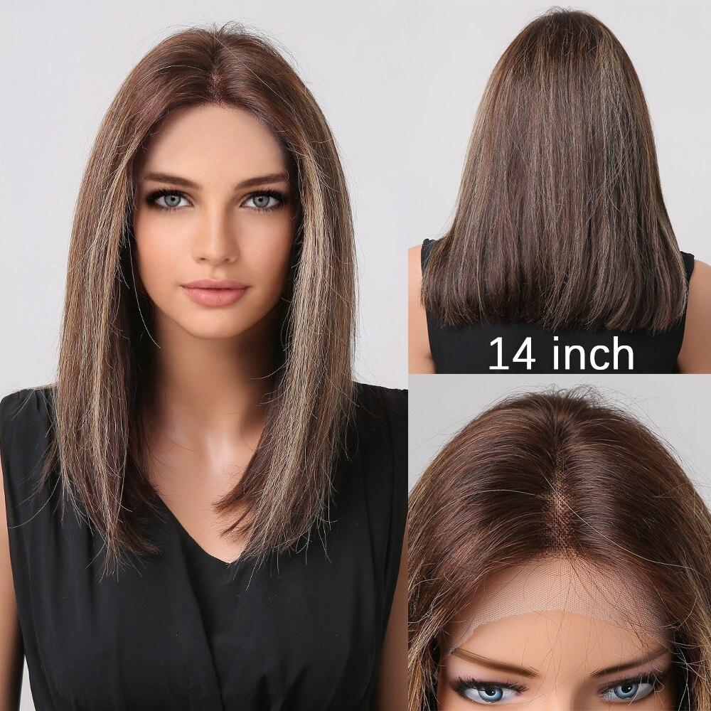 HAIRCUBE Echthaar-Perücke, 13 x 1, Spitze vorne, Schulterlang, Bob, gerade, Highlight-Perücken für Frauen, Ombre-Braun, Remy-Haar, hitzebeständig black