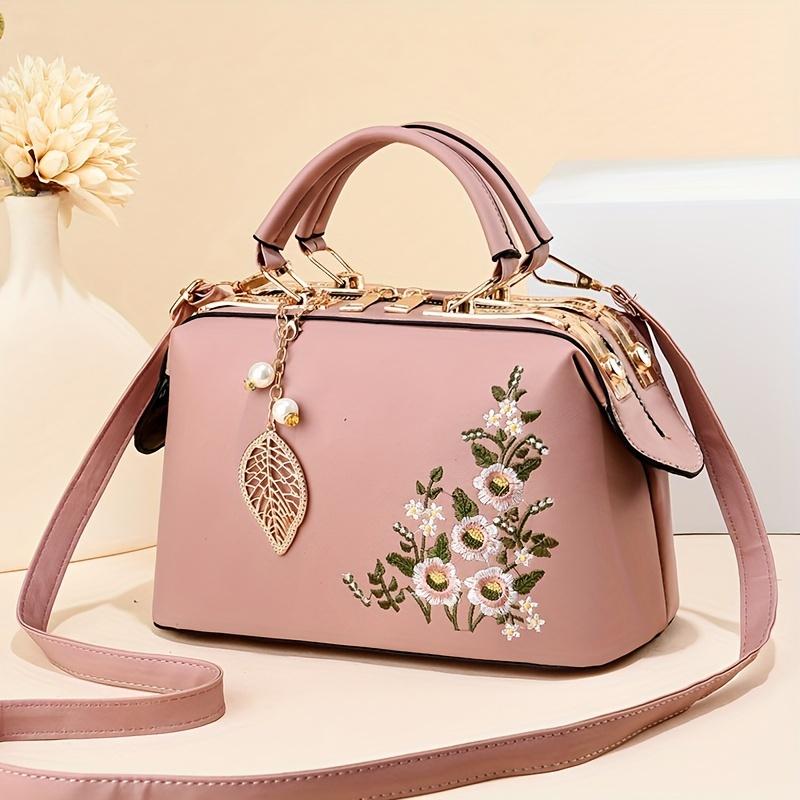 Kleine elegante florale Handtasche Mode Elegante floral bestickte Handtasche für Damen Schulter-Umhängetasche Polyester gefüttert mit Reißverschluss rosa