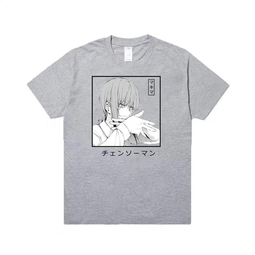 Anime Kettensäge Mann Casual Hip Hop Übergroßen Frauen Männer Kawai Makima T-Shirt Harajuku Sommer Kurzen Ärmeln L graue