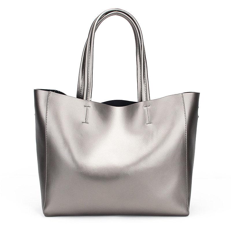 Damen-Handtaschen aus 100 % echtem Leder mit Beutel, Tragetaschen aus Rindsleder für Damen, große Umhängetaschen, elegante Shopper-Tasche silber