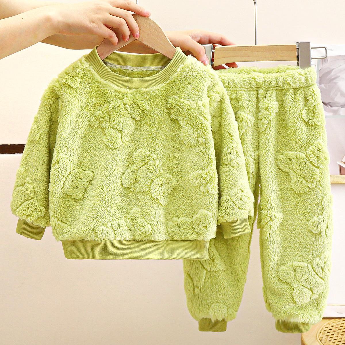 Kinder-Pyjama-Set Flanell Warm Herbst und Winter Jungen Verdickte Home Service Baby Plus Samt Kleidung Kleidung Kinderkleidung 100 grün
