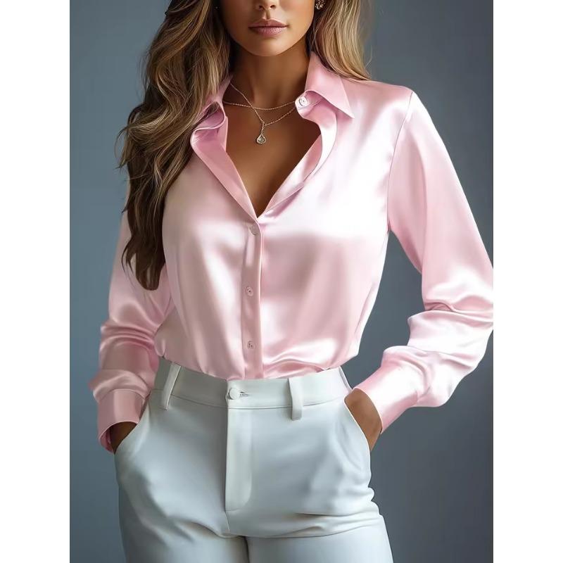 Damen Satinhemden Elegant Schlicht Langarm Bluse Büro Dame Knopfleiste Hemd Oberteil Herbst Weiblich Rundhals Shirts Bluse XL rosa