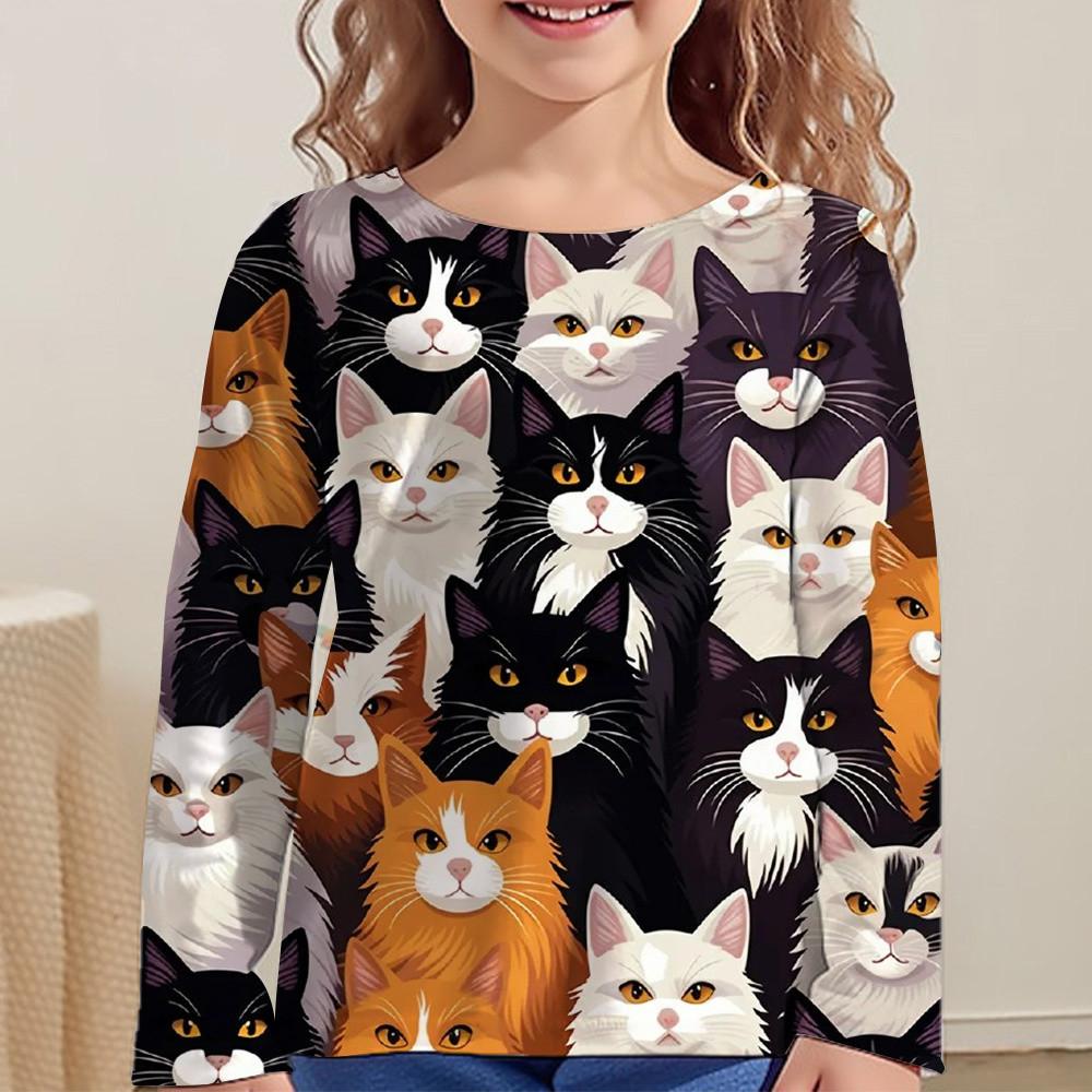 Kinderbekleidung für Mädchen Cartoon T-Shirts für Kinder 2023 Herbst Langarm Teenager 10 Jahre alt Mode Tops Katzen T-Shirt 140 black
