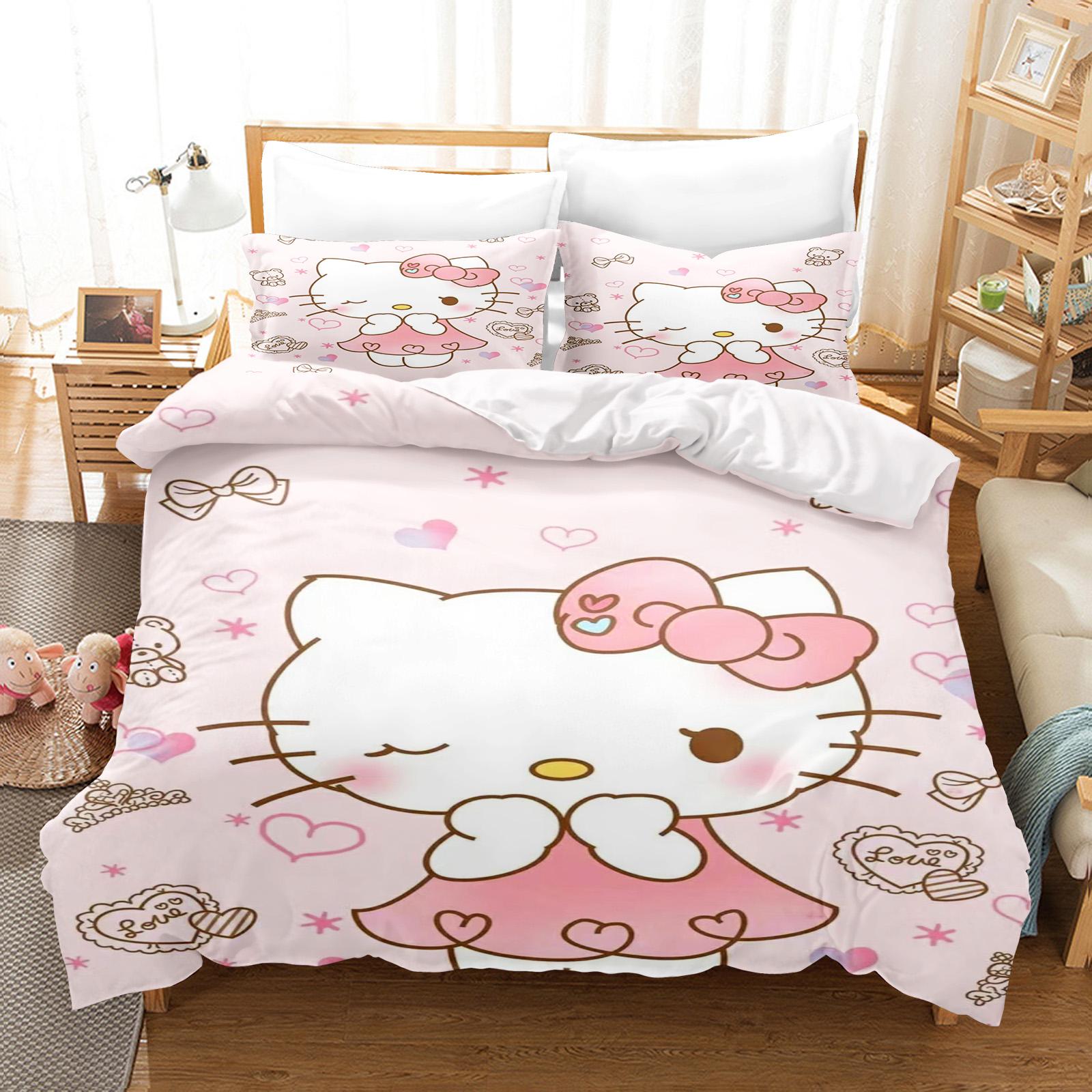 Hello Kitty Schlafzimmer Kinder Bettwäsche Set Bettbezug Komfort Queen Mit Kissenbezug Weihnachtsgeschenke Zuhause AU Single(140*210cm)3pcs