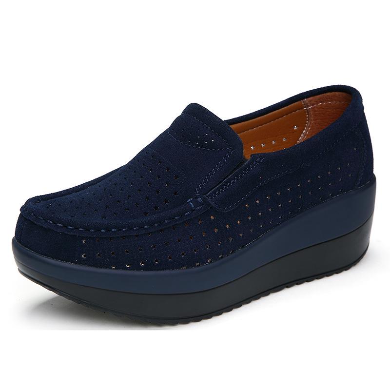 Damenschuhe, modische Keilabsatzschuhe aus weichem Leder, Freizeitschuhe mit ausgehöhlten, atmungsaktiven High Heels, Plateauschuhe, Slip-on-Damenschuhe 39 dunkelblaue