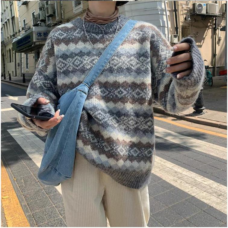 Pullover Weibliche Nerz Pullover Frauen Bestickt Koreanische Lose Pullover Laterne Ärmeln Dicken Warmen Pullover Pullover Herbst Winter Mohair Pullover OneSize blau