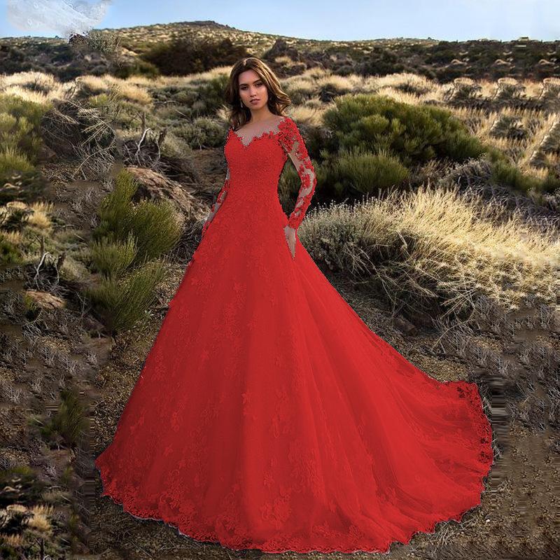 2026 Frühling & Sommer Neues Damen Langarm Ein-Schulter Braut Hochzeitskleid mit Spitzenjacquard für die Braut XL rot