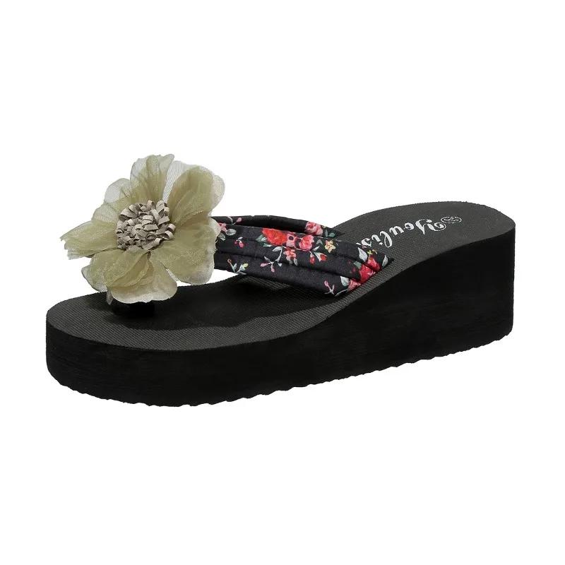 Leichte Schuhe Damen Zehensandalen Damen Hausschuhe Übergröße Lässige Sandalen Damen Blumenmuster Plateau Keile Damen Sandalen 43 schwarz