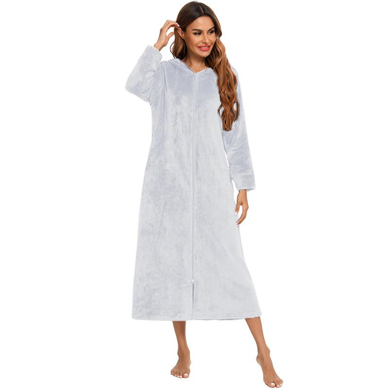Damen-Bademantel aus Plüsch-Fleece mit Reißverschluss und Kapuze, warmer langer Bademantel, Morgenmantel, gemütlicher Winter-Reißverschluss, Liege-Nachtwäsche, Hausmantel, Loungewear-Nachthemd M licht grau