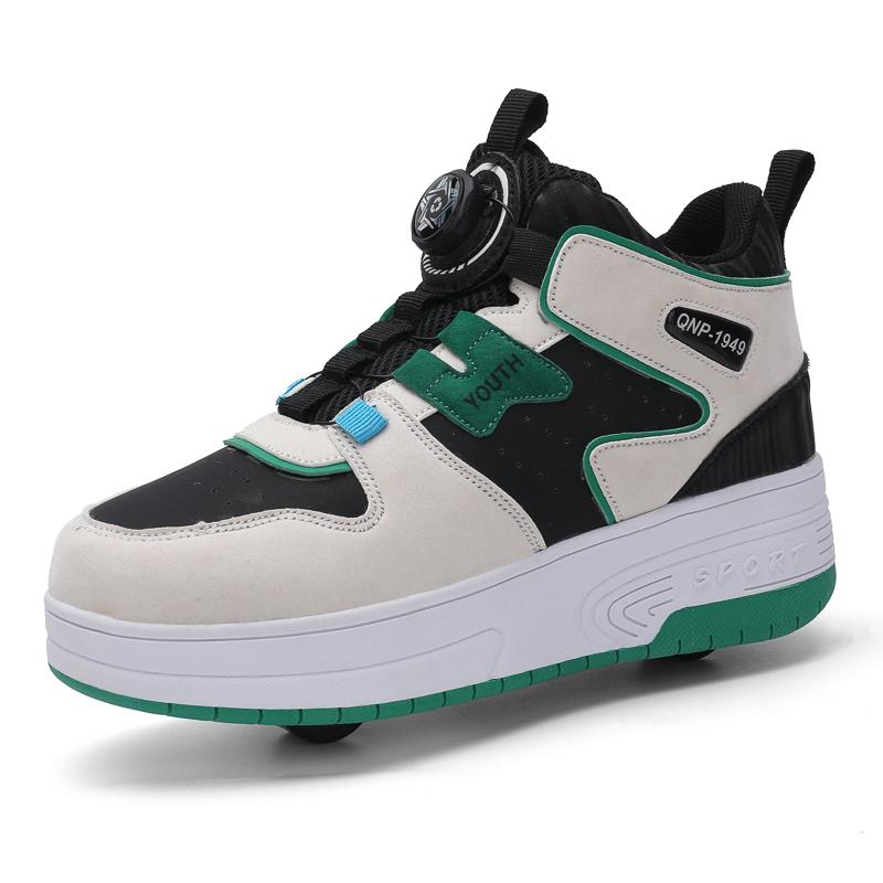 Rollschuhe für Jungen und Jugendliche, abnehmbare flache Schuhe mit Schlepprädern, Rollschuhe für Mädchen, Turnschuhe für Kinder 34 grün/weiß