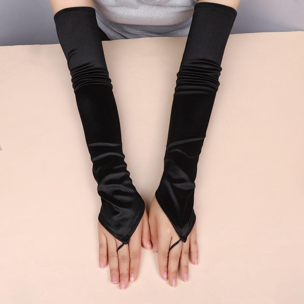 49CM Damen Handschuhe Satin Lange Fingerlose Handschuhe Neu Haken Fingerhandschuhe Hochzeit Braut schwarz