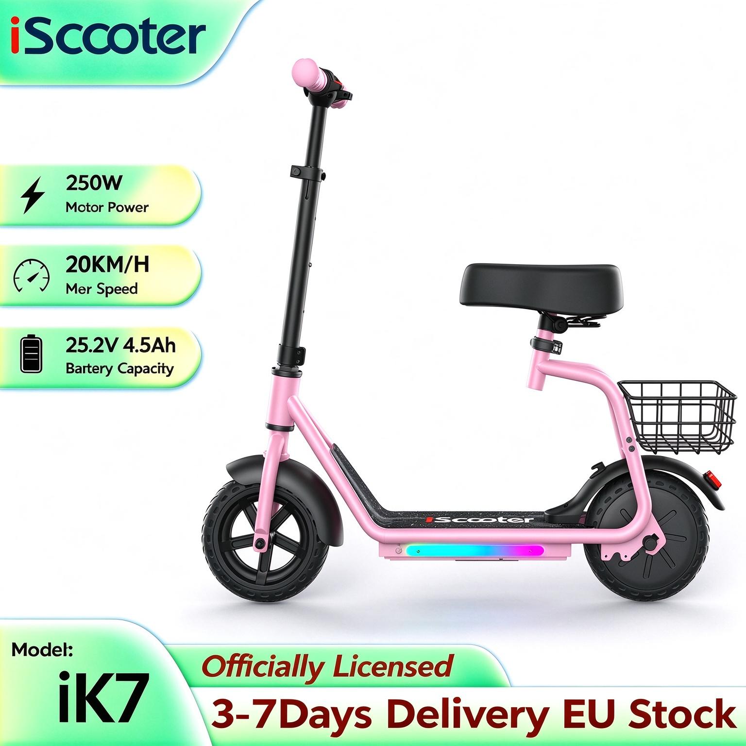 iScooter iK7 8,5 Zoll Kinder Elektroroller 20 km/h 250W 25,2V/4,5Ah Schnellverschluss-Sitz Pendeln Leichter E-Scooter ik7 20KM/H rosa