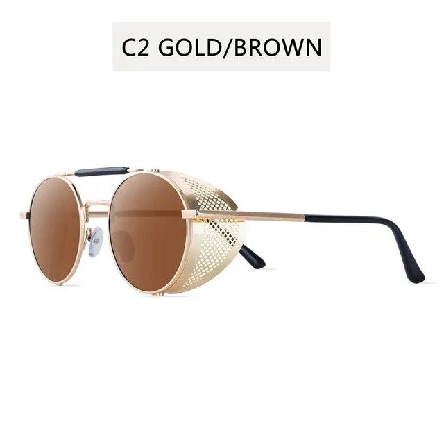 Retro Runde Metall Sonnenbrille Steampunk Männer Frauen Trend Marke Designer Vintage Sonnenbrille UV400 Schutz Brillen gold/braun