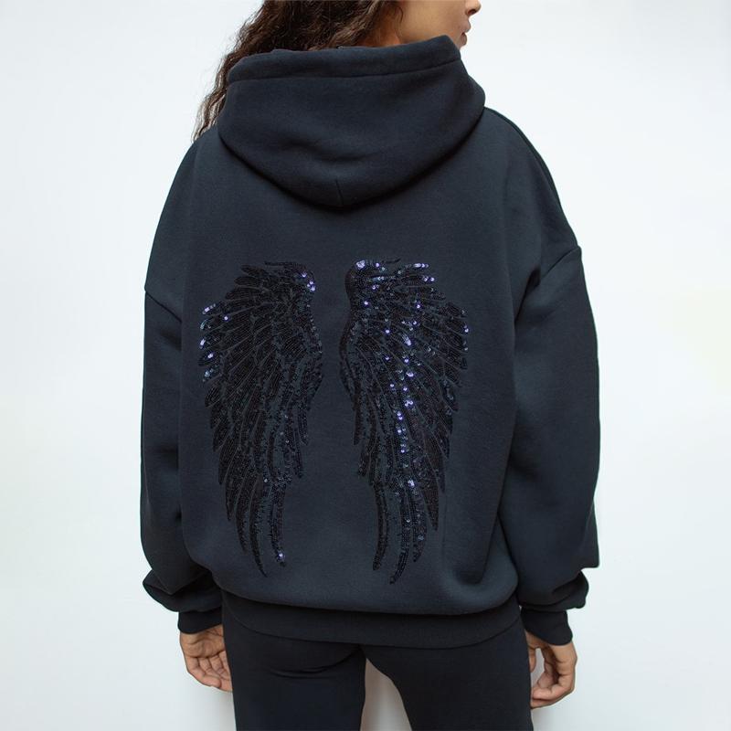 Y2K Retro Flügel Pailletten Hoodie Engelsflügel Ornament Sweatshirt Harajuku Süße Lady Casual Streetwear Relaxed Fit Pullover Mantel S