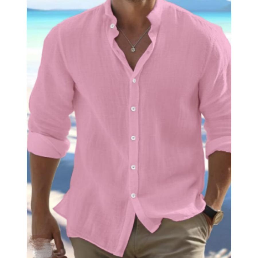 Herren Sommer Herbst Weißes Hemd Mann Langarm Baumwolle Leinen Hemd Feste Kleidung L rosa