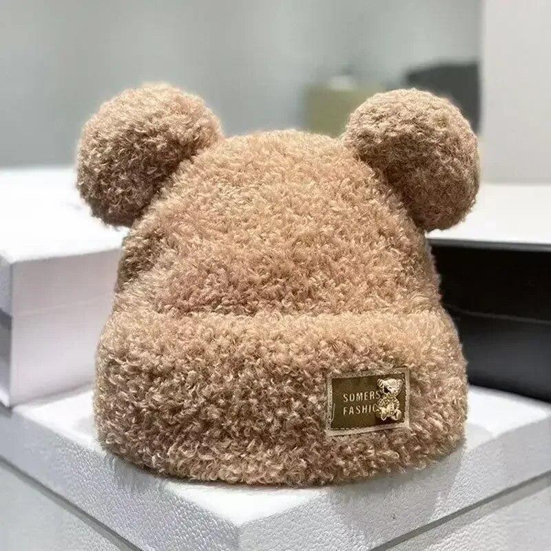 Kawaii Bär Mützen für Frauen Cartoon Bär Ohr bequeme Plüsch Mützen Herbst Winter warme winddichte Hüte 55-58cm hellbraune