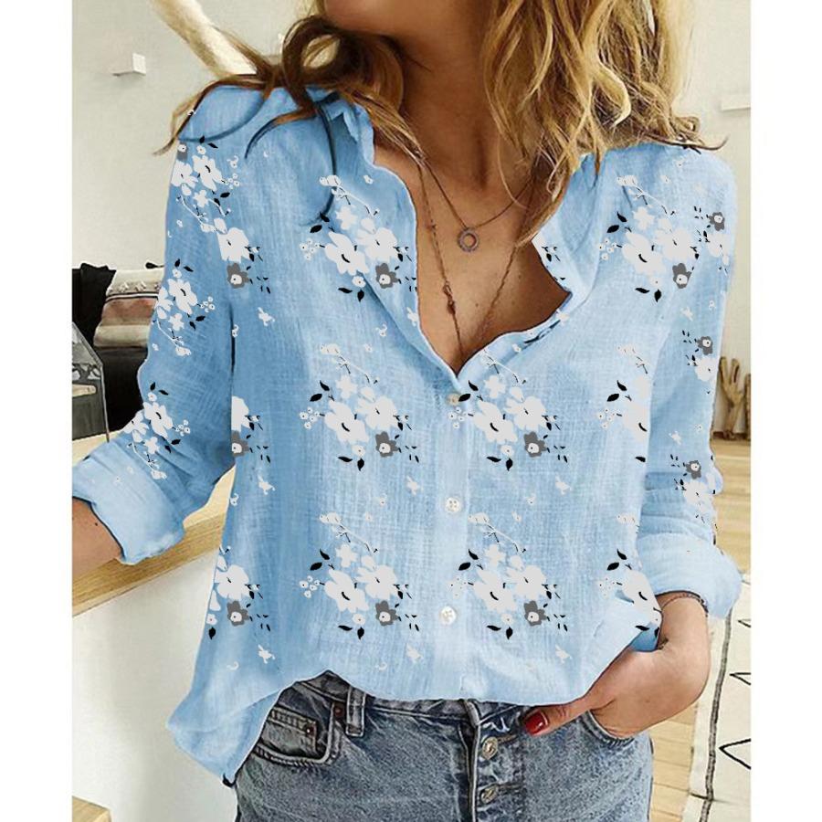 Bluse mit Blumenmuster, Übergröße, 5XL, langärmelig, Baumwoll-Leinen-Hemd, lässiges Revers, Knopfleiste, Bluse für Frühling und Herbst 5XL blau