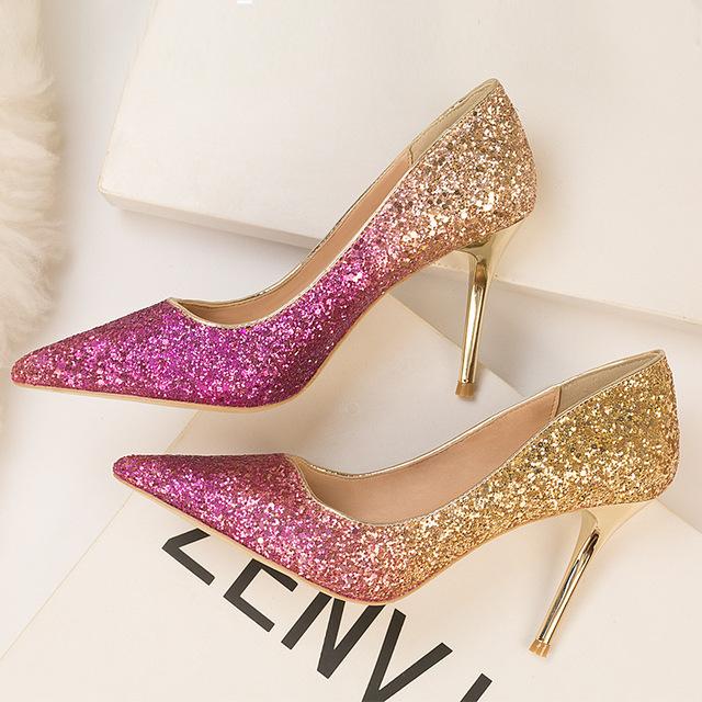 Frauen 9cm High Heels Glitter Scarpins Pailletten Stiletto Heels Pumps Dame Hochzeit Braut Gradienten Bling Blau Escarpins Party Schuhe 39 violett