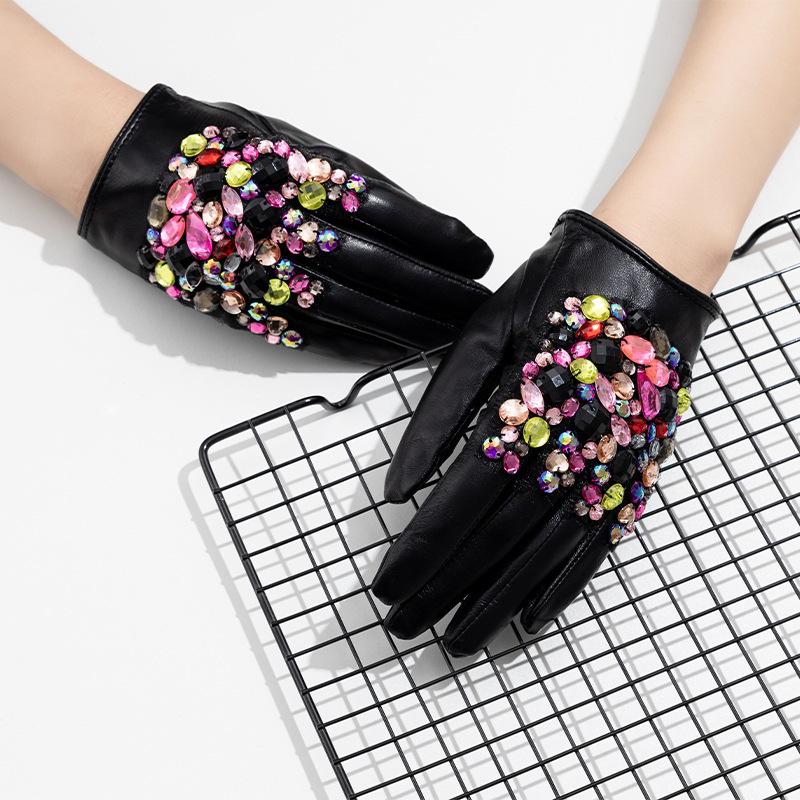 Lederhandschuhe für Damen Kurzes Schafsleder und Bunte Diamanten Bekleidung und Accessoires Modische und Warme Handschuhe . XL gray