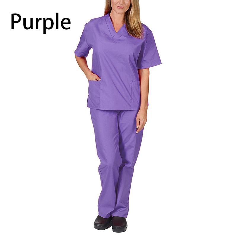 2-teiliges Sommer-Outfit, dünnes, solides Oberteil + lockere Hose, kurze Ärmel, schnell trocknend, Krankenschwester-Anzug, V-Ausschnitt, Krankenpflege, Arbeit S violett