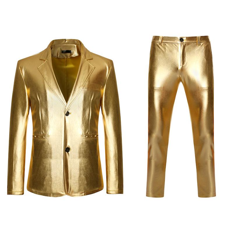 Herren Shiny Gold 2 Stück Anzüge Blazer Hosen Terno Masculino Mode Party DJ Club Kleid Smoking Anzug Männer Bühne sängerin Kleidung L gold