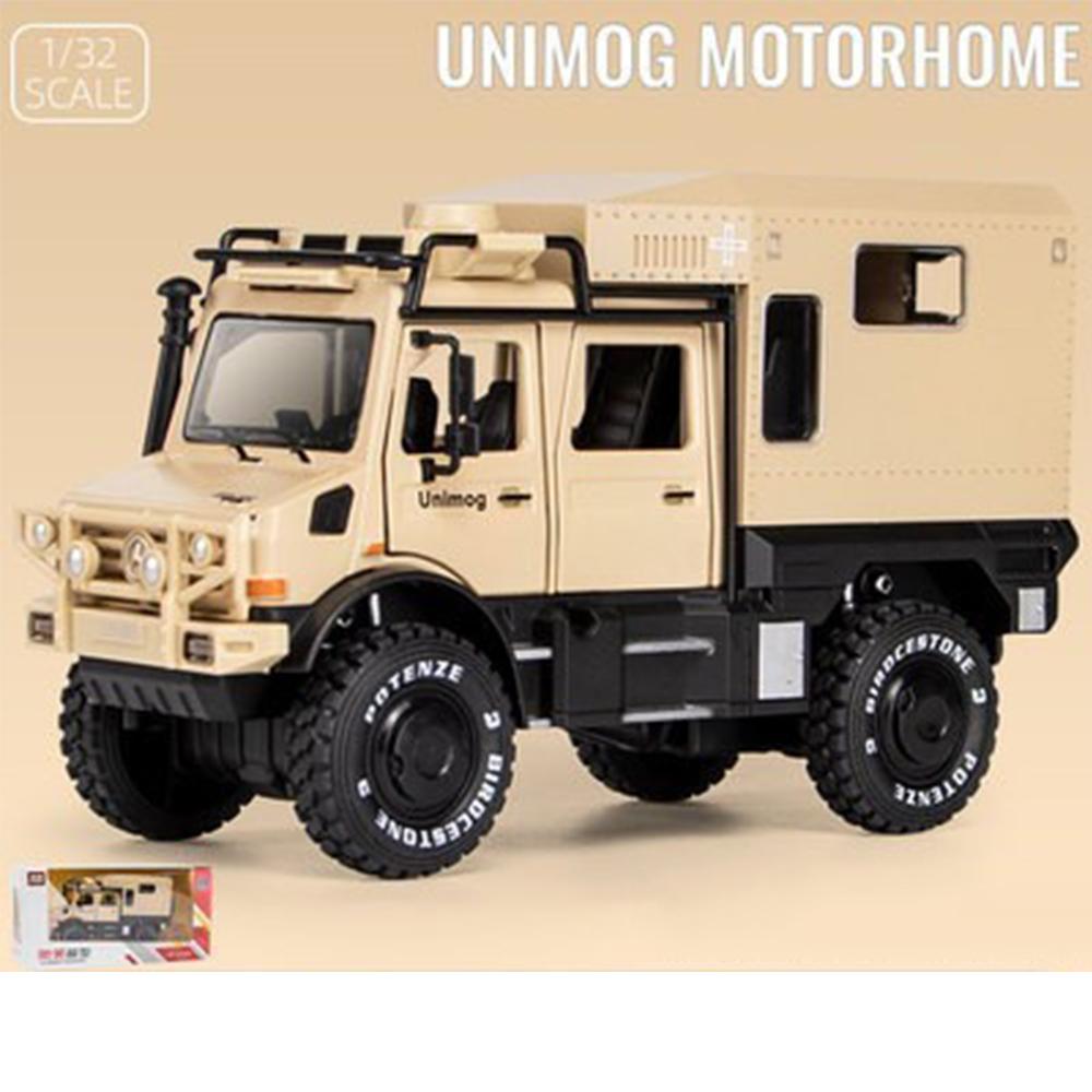 Benz Unimog-Modellauto aus Legierung im Maßstab 1/32 mit Ton und Licht, Automodell mit Rückzugfunktion für Kinderspielzeug, Partygeschenke, Sammlerstück 1/32-Size:18.8*6.7*10.5cm khaki