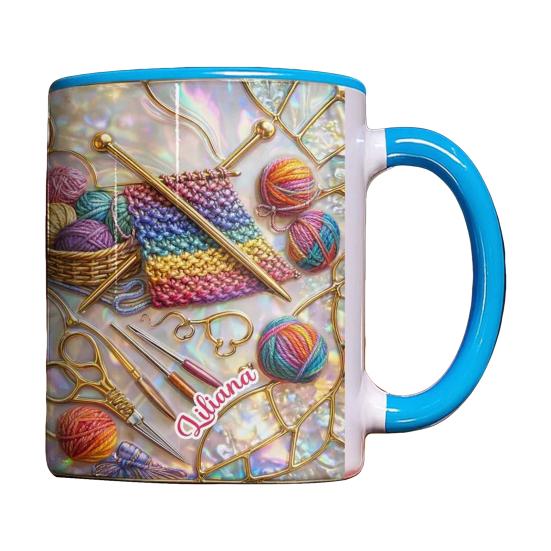 Strick- und Nähwerkzeuge Tasse 11oz Personalisierte Kaffeetasse mit Nähmaschine- und Garn-Drucken Nähgeschenk für Frauen blau