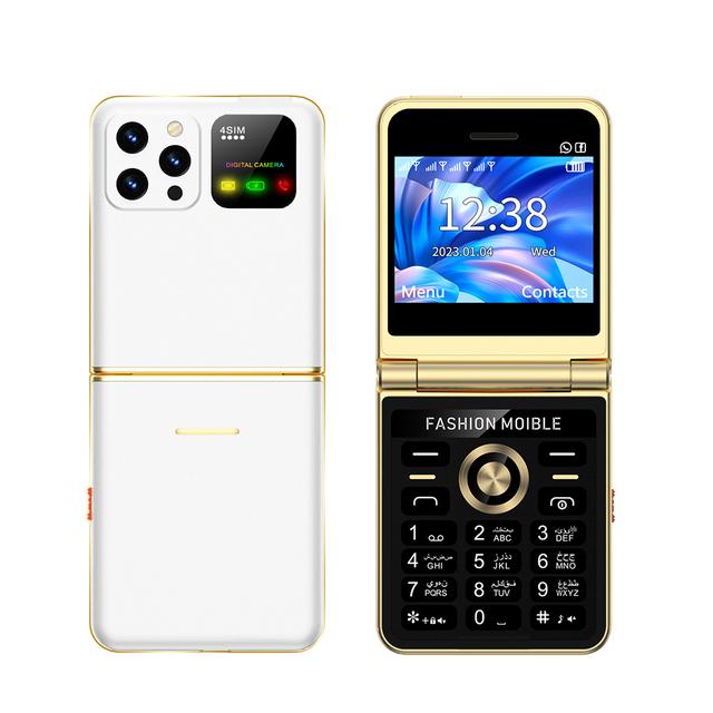 Neues Klapphandy 4 SIM-Karten Kurzwahl Magische Stimme LED-Taschenlampe MP3 FM-Radio 2,4 HD-Bildschirm 2G GSM Entsperrtes Mobiltelefon weiß