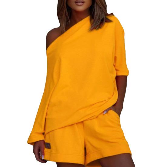 Sommer-Top-Set, beliebtes einfarbiges, übergroßes Damen-Shorts-Set, helles Damen-Trainingsanzug-Set, Damen-Shorts-Set für zu Hause XXL gelb