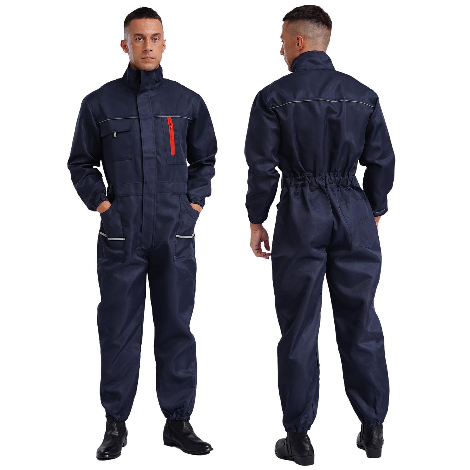 Unisex Robuster Overall Stehkragen Langarm Mehrere Taschen Reflektierende Streifen Ganzkörper-Overall Arbeitsuniform 165/M