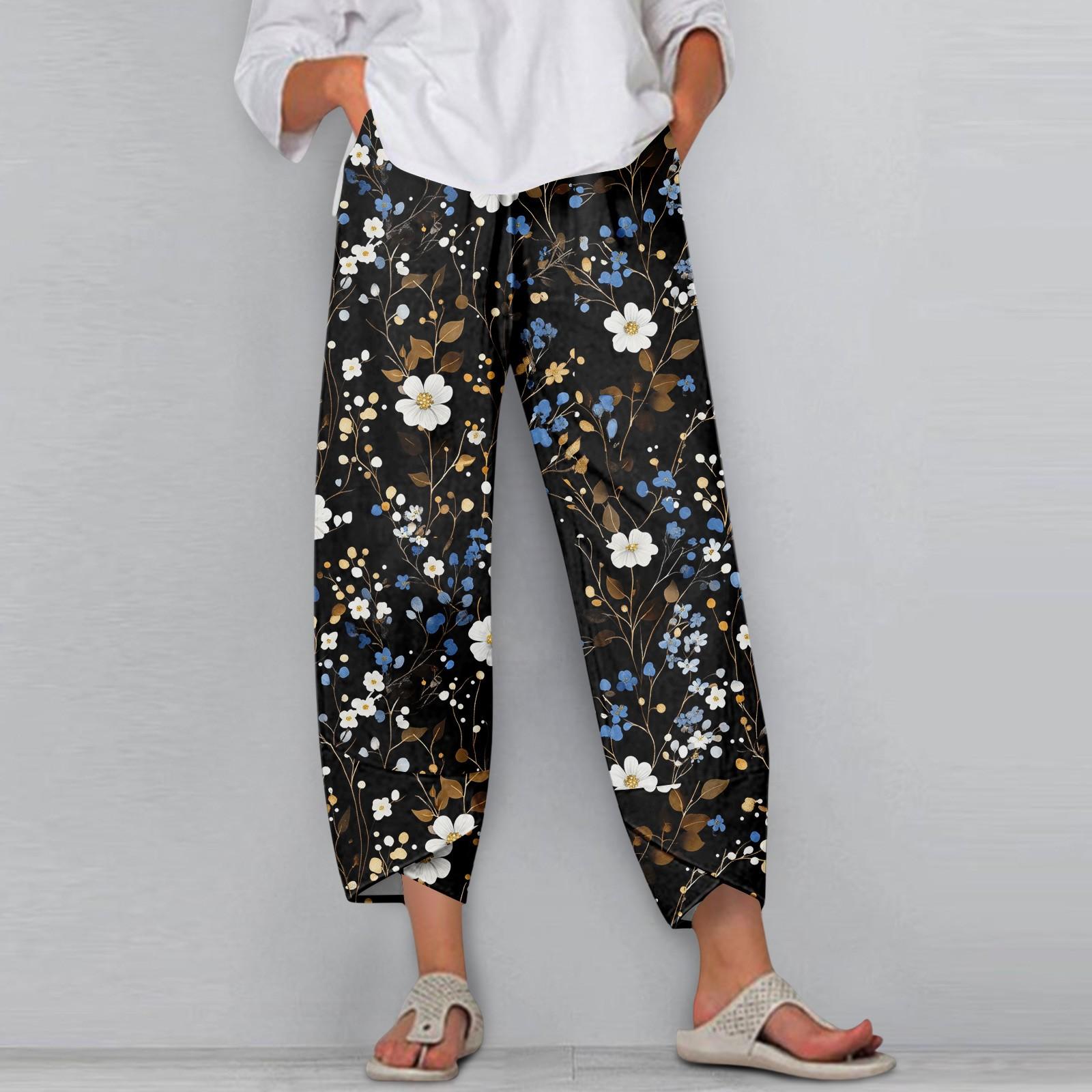 Damenhosen mit Taschen Freizeithosen Hosen für Damen Sommer Lässige Hosen mit weitem Bein und elastischer Taille und Taschen L schwarz