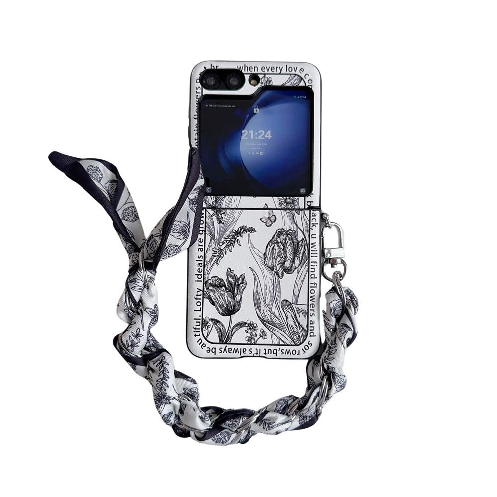 Blumen Leder Lanyard Handyhülle Für Galaxy Z Flip 3 4 5 6 ZFlip 6 Flip 5 ZFlip4 Ultradünne Seidenschal Armband Hülle Z Flip 6 For Samsung Z Flip 4 black