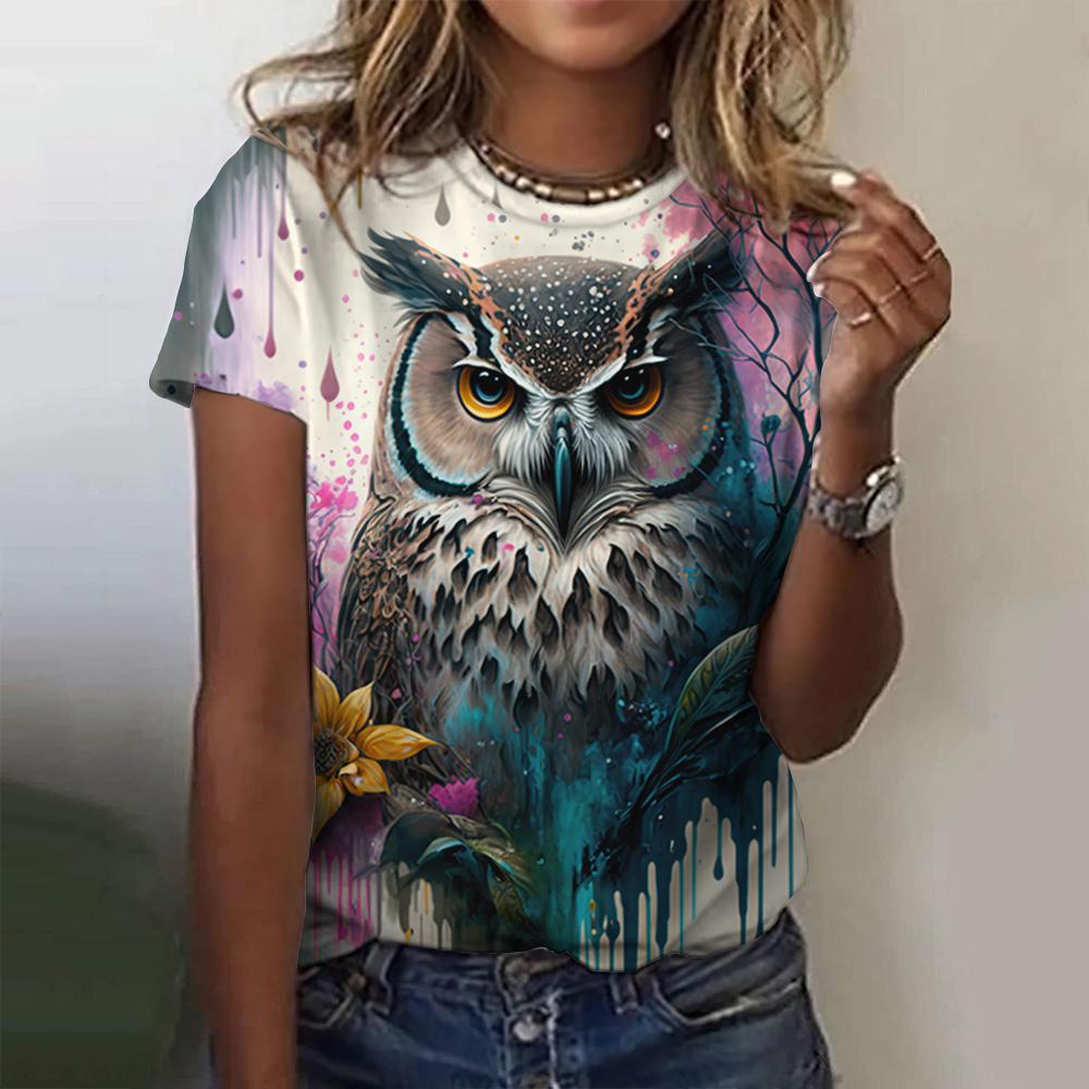 Vintage Tiere Print Damen T-Shirts Sommer Mode Kurzarm Top 3D Eule Print Übergroße Damen Kleidung Damen Urlaub T-Shirt 8XL