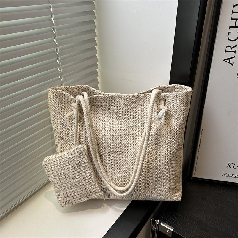Neue Trendige Damen Tasche Strohgewebt Spitze Ein Schulter Tote Bag für Damen Frisch und Literarisch Gestrickte Handtaschen für Damen white