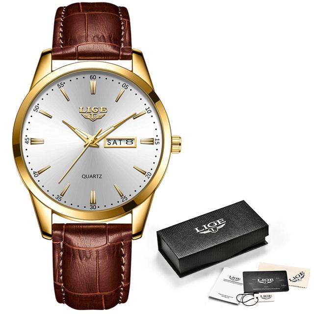 LIGE Top Marke Uhr Männer Leder Business Datum Uhr Wasserdicht Leuchtende Uhren Herren Luxus Sport Wasserdichte Quarz Armbanduhr gold/weiß