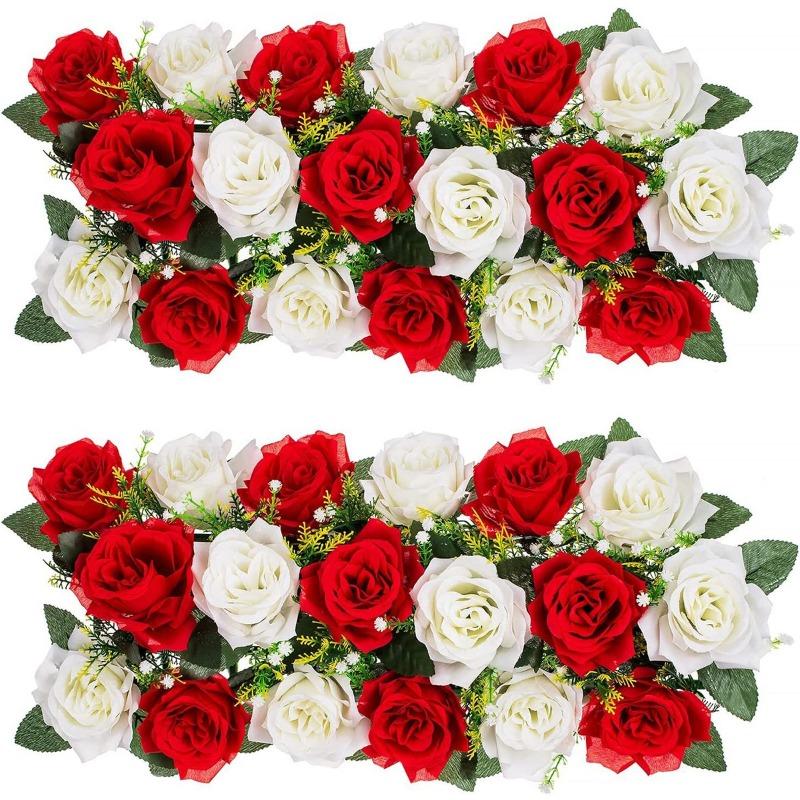 2 Stück Hochzeitsdekorationen Künstliche Blumen Kunstblumen Seidenblumengesteck Tischdekoration Rose Blume für Zimmer Empfangstischdeko rot