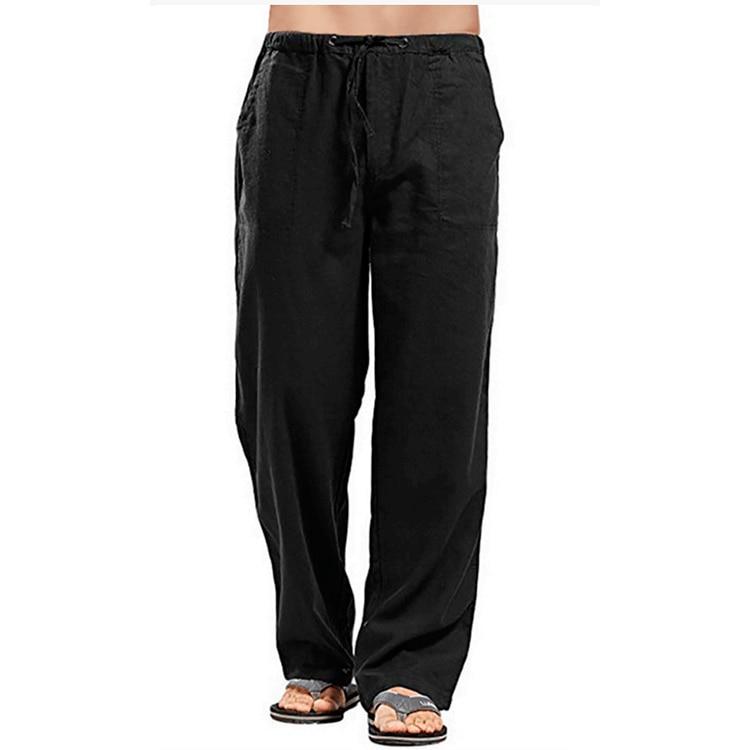 Männer Baumwolle Leinen Hosen Sommer Einfarbig Atmungsaktive Leinen Hosen Männliche Casual Elastische Taille Fitness Hosen L schwarz