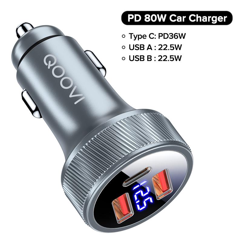 QOOVI 80W Autoladegerät PD USB Typ C Dual Port USB Handy-Ladegerät Schnellladung für iPhone 13 Xiaomi Samsung iPad Laptops Tablets grau